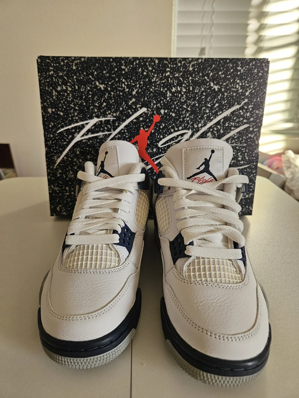 JORDAN 4Y White Midnight Navy  Retro 4 Sneakers. - Picture 2 of 4